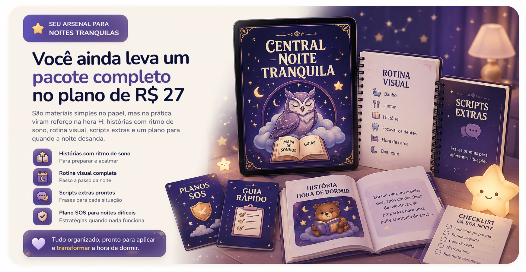 Ilustração: reforço na hora de dormir, com clima de noite tranquila